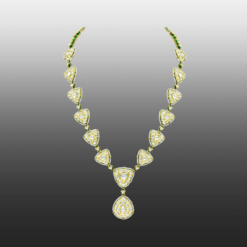 Gold Polki Necklace with Triangular and Teardrop Motifs